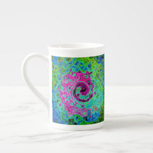 Hot Pink and Blue Groovy Abstract Retro Swirl Bone China Mug