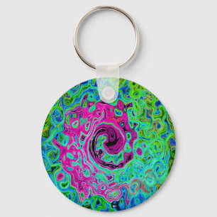 Hot Pink and Blue Groovy Abstract Retro Swirl Keychain