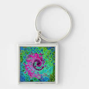 Hot Pink and Blue Groovy Abstract Retro Swirl Keychain