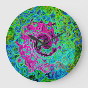 Hot Pink and Blue Groovy Abstract Retro Swirl Large Clock
