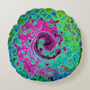 Hot Pink and Blue Groovy Abstract Retro Swirl Round Pillow