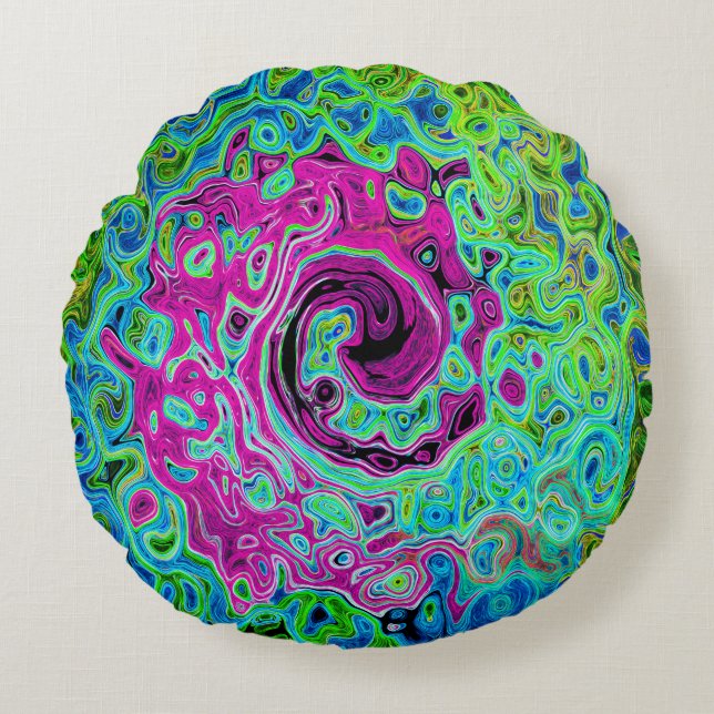 Hot Pink and Blue Groovy Abstract Retro Swirl Round Pillow (Front)