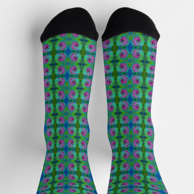 Hot Pink and Blue Groovy Abstract Retro Swirl Socks (Top)