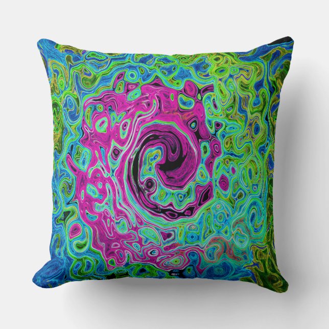 Hot Pink and Blue Groovy Abstract Retro Swirl Throw Pillow (Front)