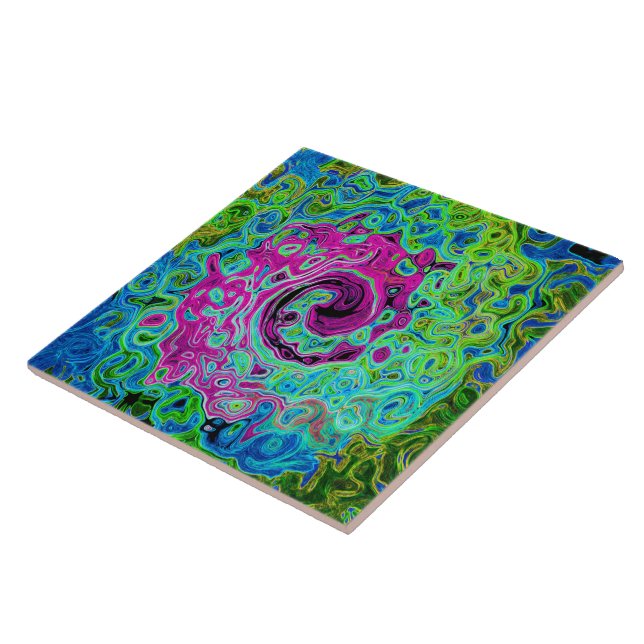 Hot Pink and Blue Groovy Abstract Retro Swirl Tile (Side)