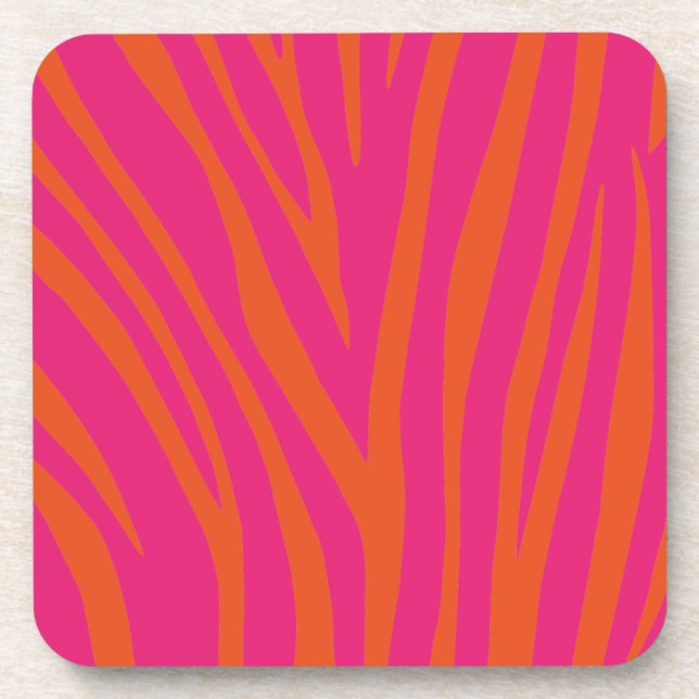 Hot Pink and Bright Orange Zebra Stripes Beverage  Coaster (Front)