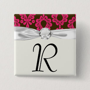 hot pink and brown damask design 2 inch square button