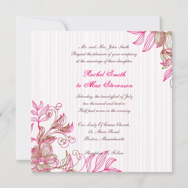 Hot Pink and Brown Floral Wedding Invitation (Front)