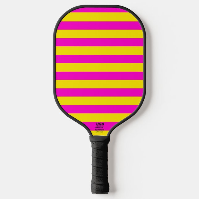 Hot Pink And Canary Yellow Stripes Pickleball Paddle (Front)