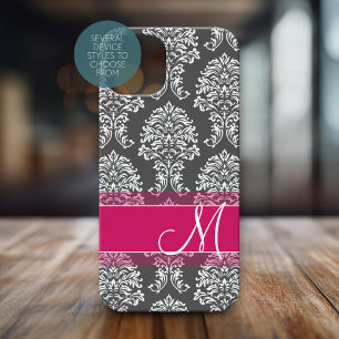 Hot Pink and Charcoal Damask Pattern with Monogram iPhone 15 Case
