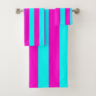 Hot Pink And Cyan Blue Green Turquoise Stripes Bath Towel Set