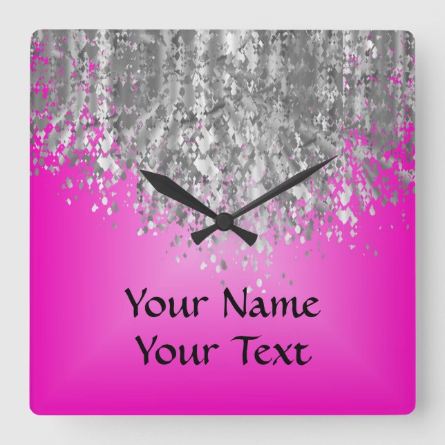 Hot pink and faux glitter square wall clock (Front)