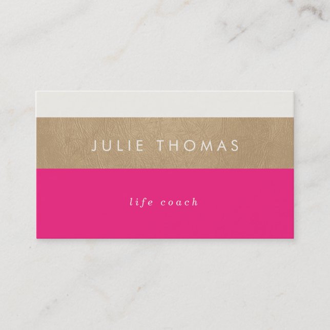 hot pink and faux gold leather business card (Front)