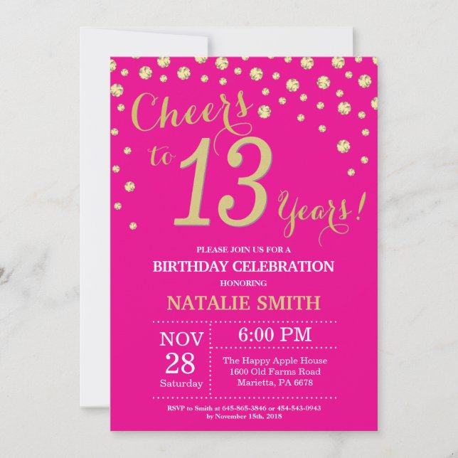 Hot Pink and Gold 13th Birthday Diamond Invitation (Front)