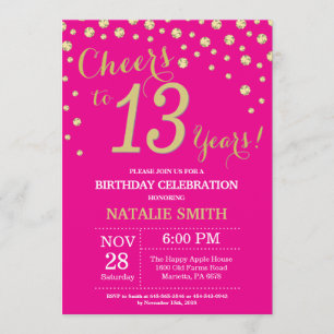 Hot Pink and Gold 13th Birthday Diamond Invitation