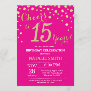 Hot Pink and Gold 15th Birthday Diamond Invitation