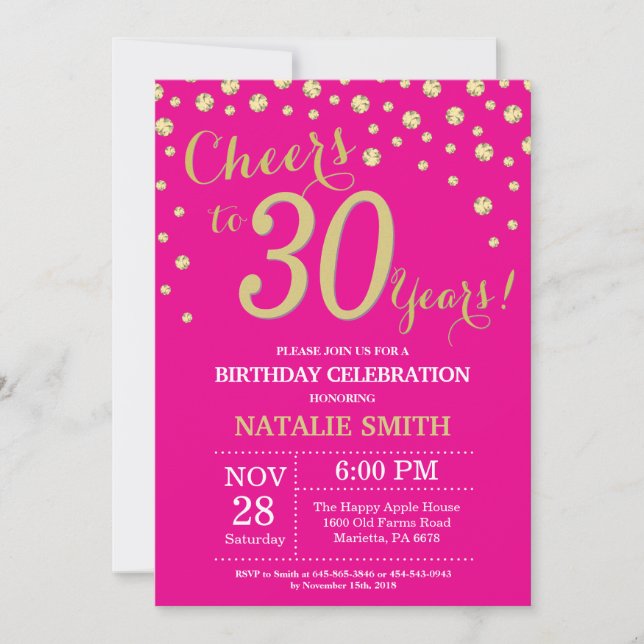 Hot Pink and Gold 30th Birthday Diamond Invitation (Front)