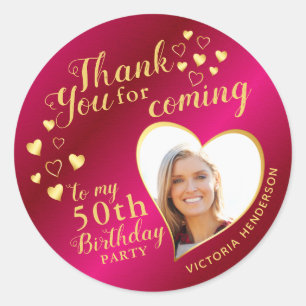 Hot Pink and Gold 50th Birthday Thank You Favour Classic Round Sticker