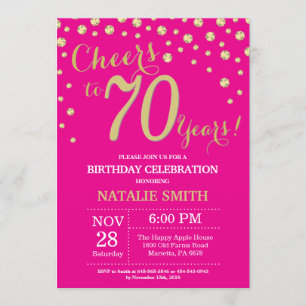 Hot Pink and Gold 70th Birthday Diamond Invitation