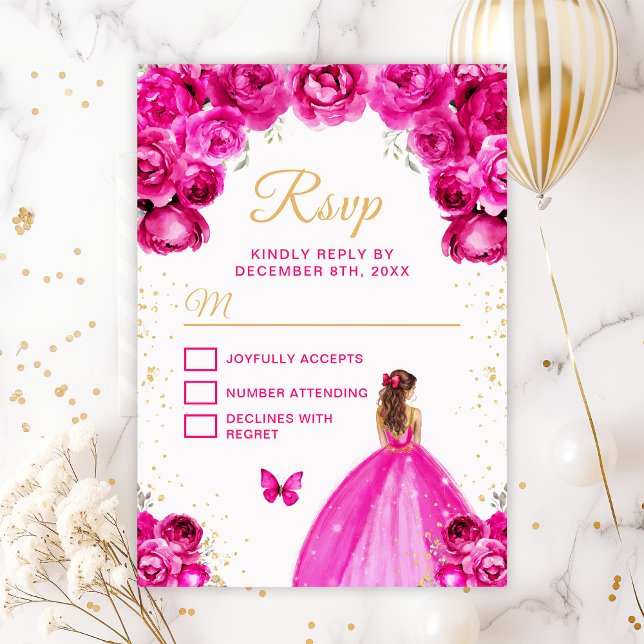 Hot Pink and Gold Brown Hair Princess RSVP Card (Creator Uploaded)