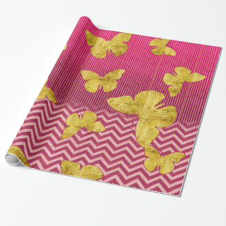 Hot Pink and Gold Butterflies Wrapping Paper