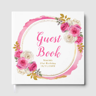 Hot Pink and Gold Elegant Flowers Birthday Party Guest Book