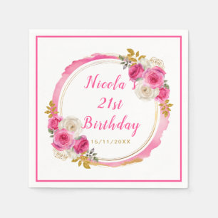 Hot Pink and Gold Elegant Flowers Birthday Party Napkin