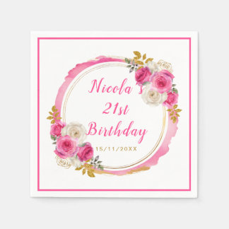Hot Pink and Gold Elegant Flowers Birthday Party Napkin