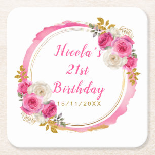Hot Pink and Gold Elegant Flowers Birthday Party Square Paper Coaster