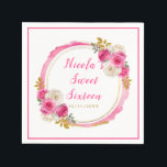 Hot Pink and Gold Elegant Flowers Sweet Sixteen Napkin<br><div class="desc">Beautiful sweet sixteen birthday party napkin with a hot pink and gold faux glitter frame with floral flower arrangements. Perfect for a sweet sixteen birthday party. The words can be changed to suit your own details or requirements</div>