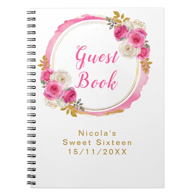 Hot Pink and Gold Elegant Flowers Sweet Sixteen Notebook (Front)