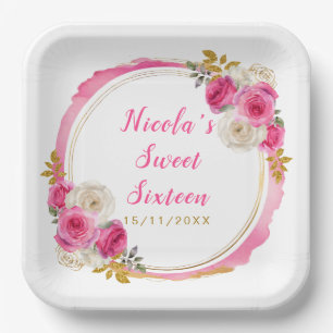 Hot Pink and Gold Elegant Flowers Sweet Sixteen Paper Plate