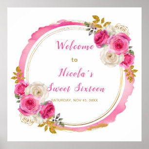 Hot Pink and Gold Elegant Flowers Sweet Sixteen Poster