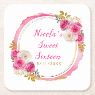 Hot Pink and Gold Elegant Flowers Sweet Sixteen Square Paper Coaster