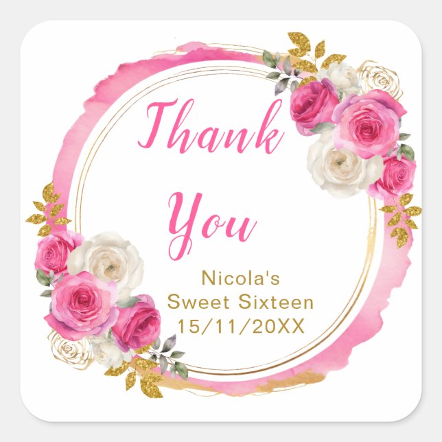 Hot Pink and Gold Elegant Flowers Sweet Sixteen Square Sticker (Front)
