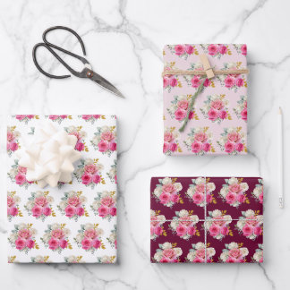 Hot Pink and Gold Elegant Flowers Wrapping Paper Sheet