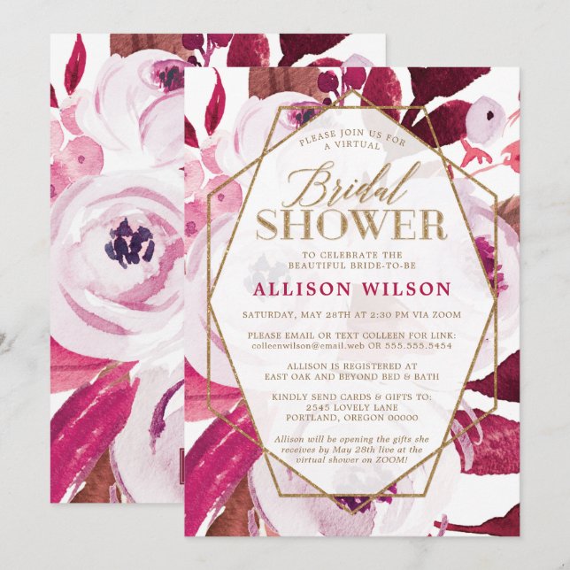Hot Pink and Gold Floral Bridal Shower Invitation (Front/Back)