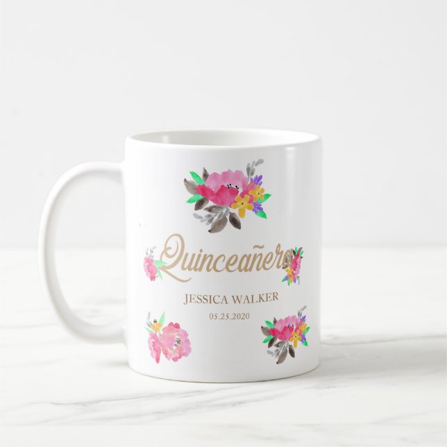 Hot Pink and Gold Floral Quinceanera Mug (Left)