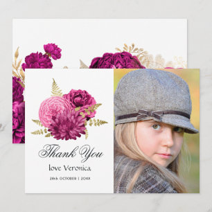 Hot Pink and Gold Floral Quinceañera Photo Thank You Card