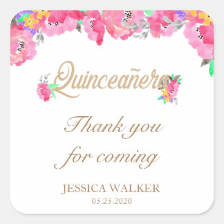 Hot Pink and Gold Floral Thank you Quinceanera Square Sticker