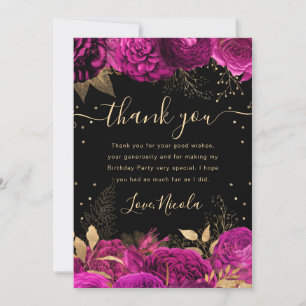 Hot Pink and Gold Flowers Floral Birthday Thank You Card