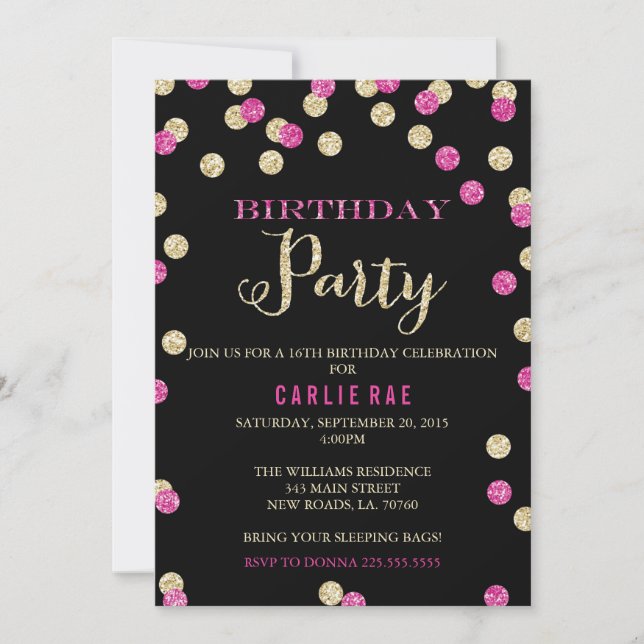 Hot Pink and Gold Glitter Birthday Invitations (Front)