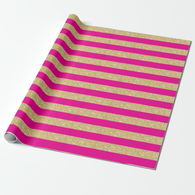 Hot Pink and Gold Glitter Stripes Wrapping Paper (Unrolled)