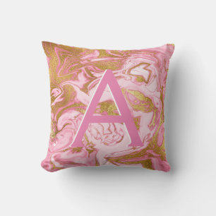 Hot Pink and Gold Marble Monogrammed Initial Throw Pillow