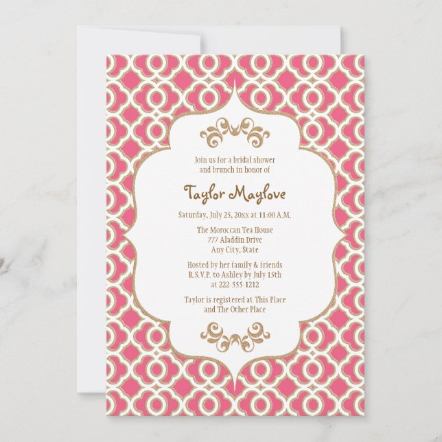 Hot Pink and Gold Moroccan Bridal Shower Invites (Front)