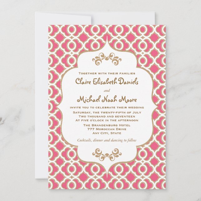 Hot PInk and Gold Moroccan Wedding Invitations (Front)