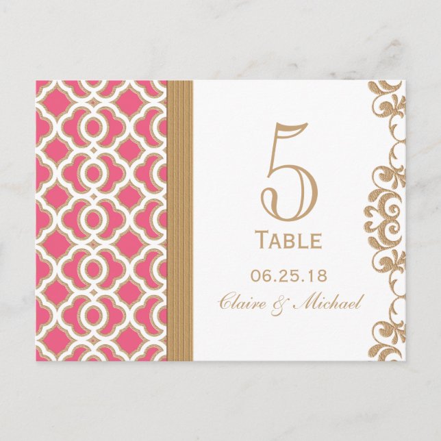 Hot Pink and Gold Moroccan Wedding Table Number Postcard (Front)