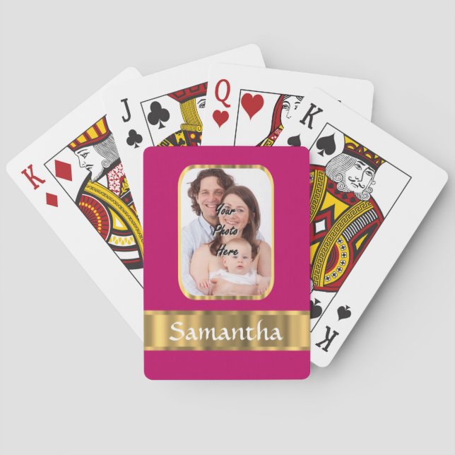 Hot pink and gold personalized playing cards (Back)
