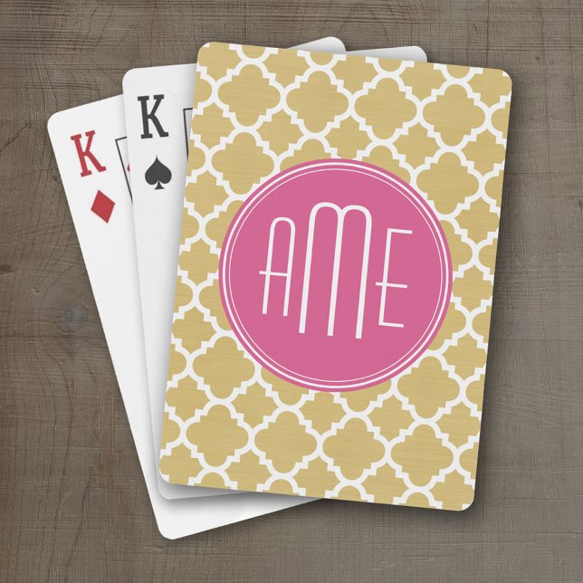 Hot Pink and Gold Quatrefoil Pattern Monogram Playing Cards (Personalized Playing Cards)