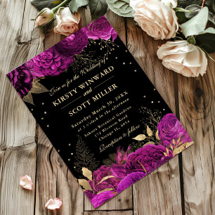 Hot Pink and Gold Roses Floral Wedding Invitation